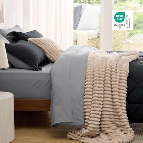 Image of Bedsure Twin XL Bed in a Bag Reversible 5 Pieces Black /Silver Grey | All inclusive, reversible tone, lightweight, gentlesoft, breathable, with sheets, bedding set, machine-washable