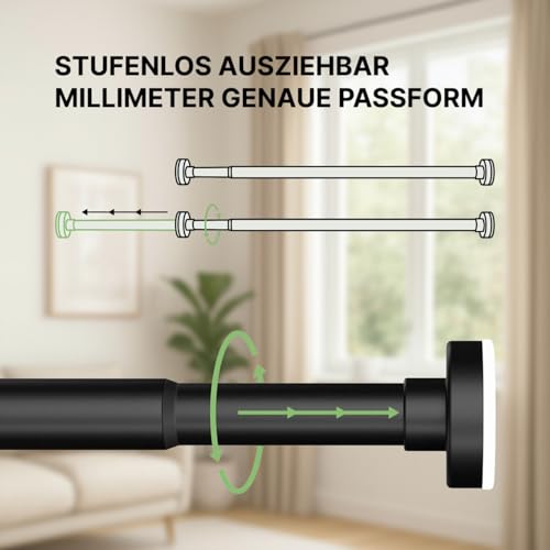 MEISENBERG Gardinenstange zum Klemmen - Schwarz, Ø 25 mm, 1Stück - Duschstange ohne Bohren - Vorhangstange Klemmstange für Fenster, Dusche, Terrasse und Trennwand (70-120cm)