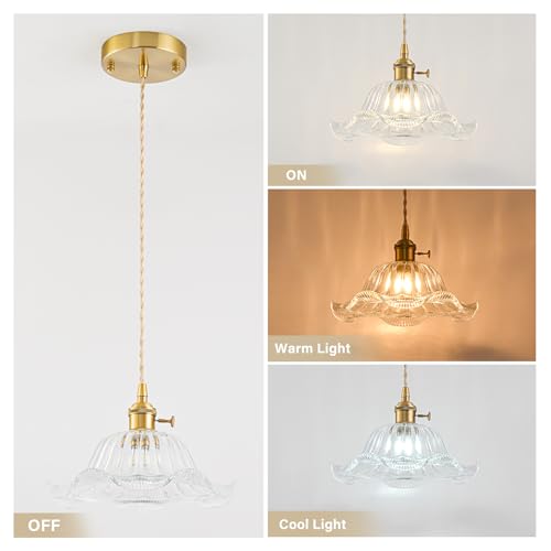 Vintage Pendant Lights Kitchen Island, Adjustable Brass Pendant Light Fixtures with Transparent Lily Glass Lampshade, Gold Kitchen Pendant Lighting Over Island, Pendant Light for Dining Room Hallway — view 5