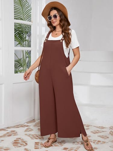 AusLook Plus Size Women's Adjustable Straps Jumpsuits Brown 5X Casual Loose Wide Leg Overalls with Pockets — view 5