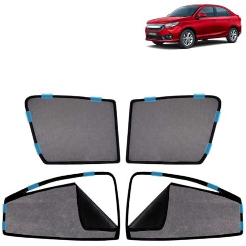 Image of KINGSWAY Car Sun Shade Curtains Only Compatible with Honda Amaze (2023 to 2024) | Front Window in Half Cut and Rear in Zipper (Magnetic) | UV & Heat Protection | Pack of 4 Pcs