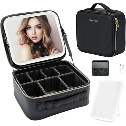 Kit Maleta Maquiagem completo Profissional Com Espelho e Luz Led e paleta de maquiagem Moby(Preto)
