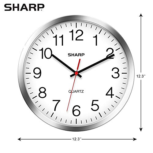 Sharp Wall Clock – Silver/Chrome, Silent Non Ticking 12 Inch Quality Quartz Battery Operated Round Easy To Read Home/Kitchen/Office/Classroom/School Clocks, Sweep Movement #TOP2