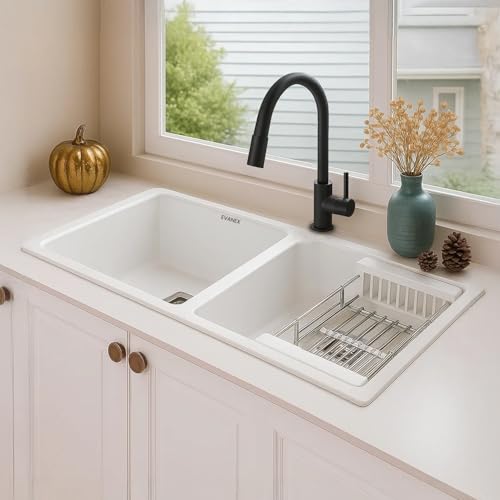 Image of EVANEX Quartz Kitchen Sink|Double Bowl Sink for Kitchen|Topmount /Undermount Kitchen Sinks|White Double Sink with Connector, Waste Pipe, Coupling and Drain Basket|45x20x9 Granite Kitchen Sinks