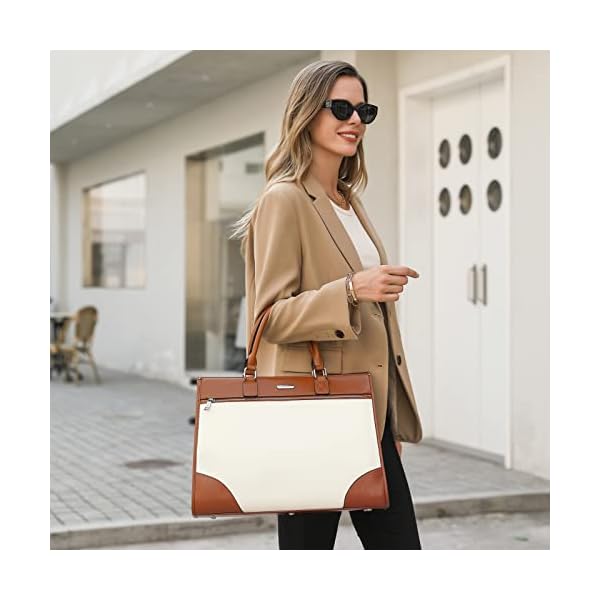 Womens Briefcase Oil Wax Leather Vintage 15.6 Inch Laptop Large Capacity Business Shoulder Bag Beige with Brown - Image 3