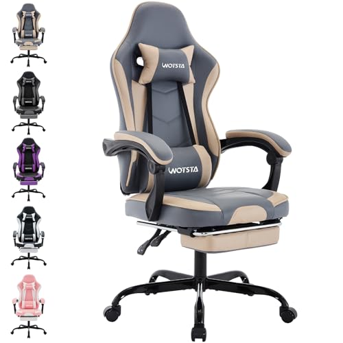 WOTSTA Gaming Chair Computerstuhl Ergonomischer Gaming Stuhl mit Fußstütze Bürostuhl Ergonomischer Computerstuhl mit Lendenwirbelstütze BlauBeige