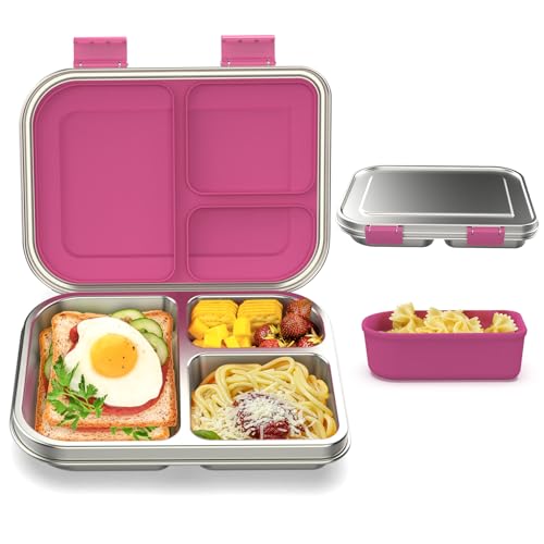BABHAMNESS Stainless Steel Bento Box Kids, 3 Compartments Leak Proof Metal Bento Lunch Box, 304 Stainless Steel Bento Lunch Containers for School and Office,Dishwasher Safe, BPA-Free-Pink