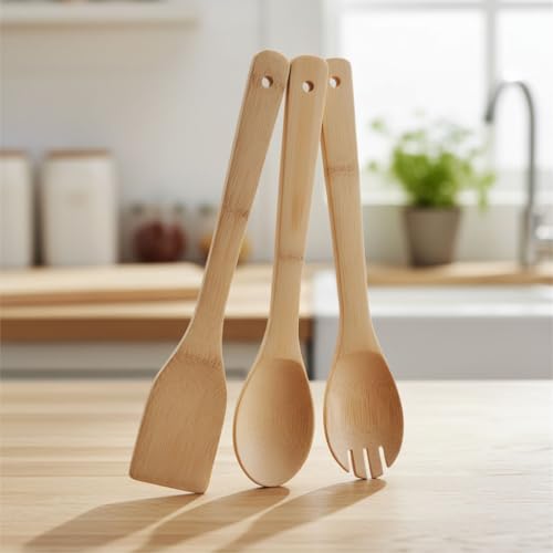 Deconox 3'lü Bambu Mutfak Gereç Seti – Doğal Ahşap Spatula, Kaşık ve Servis Çatalı | Yapışmaz Tencere Dostu, Antibakteriyel ve Isıya Dayanıklı Ahşap Mutfak Seti (30 cm)
