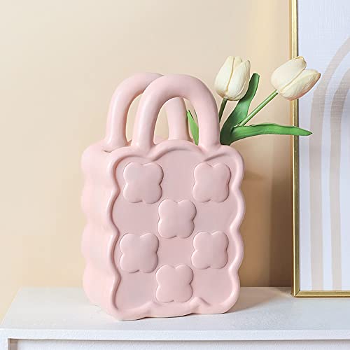 Bud Flower Vase For Home Decor, Pink Resin Flower Vase With Elegant Purse Design, Modern Decorative Vase For Centerpieces Dinner Table Living Room Bedroom Wedding, Housewarming Gift (Pink) #TOP1