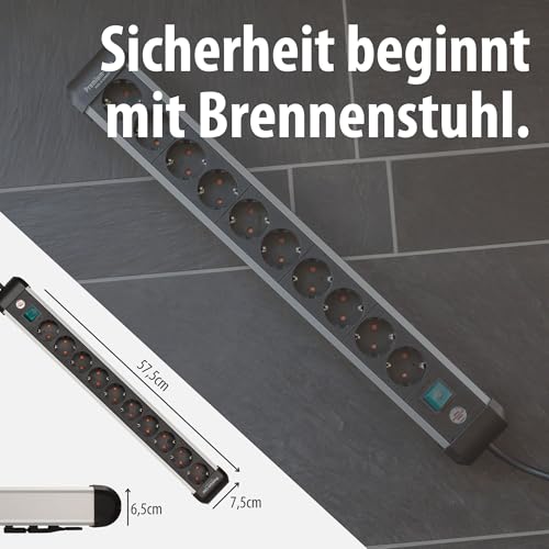 Brennenstuhl Premium-Alu-Line Steckdosenleiste 10-Fach/Steckerleiste aus hochwertigem Aluminium (Mehrfachsteckdose mit Schalter und 3m Kabel, Made in Germany)