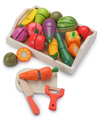 KidMigo Kinderküche Zubehör, Kinderküche Holz, 19 Artikel, 35 Stück Schneidespielzeug mit Serviertablett, Küchenspielzeug mit Leinwand-Aufbewahrungstasche, Holzspielzeug 2 Jahre