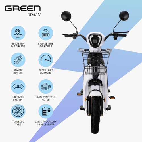 Image of Green Udaan Low Speed Electric Scooter Non RTO 30KM Range White with Portable Charger