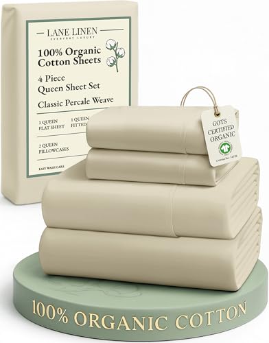 Image of LANE LINEN 100% Organic Cotton Queen Size Sheets Set, Eco Friedly Mercerized Fully Elasticized Queen Sheets, Naturally Temperature Regulating Cooling Cotton Sheets- Linen