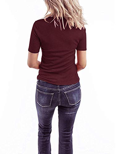 MEROKEETY Women's Short Sleeve V Neck Ribbed Button Tops Basic Solid Color Tee Shirts - Image 4