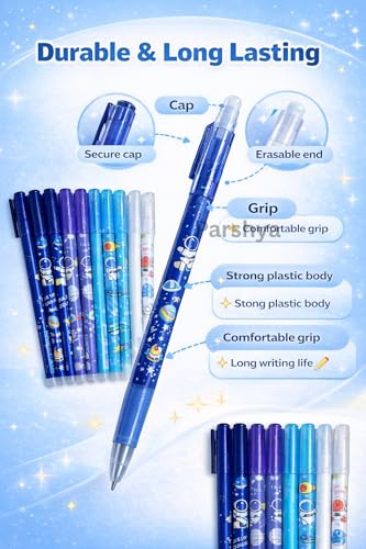 Image of KiddieWorld 12 Pcs Cute Space Theme Erasable Gel Pens Set | 0.5mm Fine Tip Blue Ink | Write Erase Rewrite Pens for Kids Students | Smooth Writing School Stationery Gift