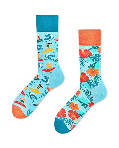 Photo de Many Mornings - Aloha Vibes – Chaussettes mismatched – Hibiscus, Surfeur – Taille 43-46, Aqua, multicolore