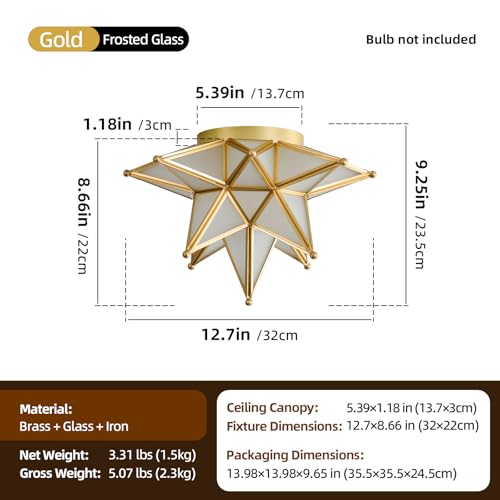 Image of Moravian Star Ceiling Light - 12.7 inch Brass & Frosted Milk Glass, Gold