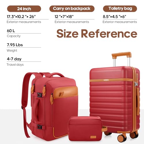 Image of UKEIN Luggage Sets 3 Piece, PC Hardside Large Luggage 24 Inch With Spinner Wheels with TSA Lock, Carry On Suitcase Set With Travel Backpack for Men (Red, 3 piece set (24inch))