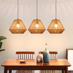 Deboola Pendelleuchte Boho Hängelampe Rattan Lampe Hängend Höhenverstellbar Hängeleuchte Esszimmer 3 flammig Esstischlampe Retro Design mit E27 Fassung für Schlafzimmer Wohnzimmer/Ohne Leuchtmittel