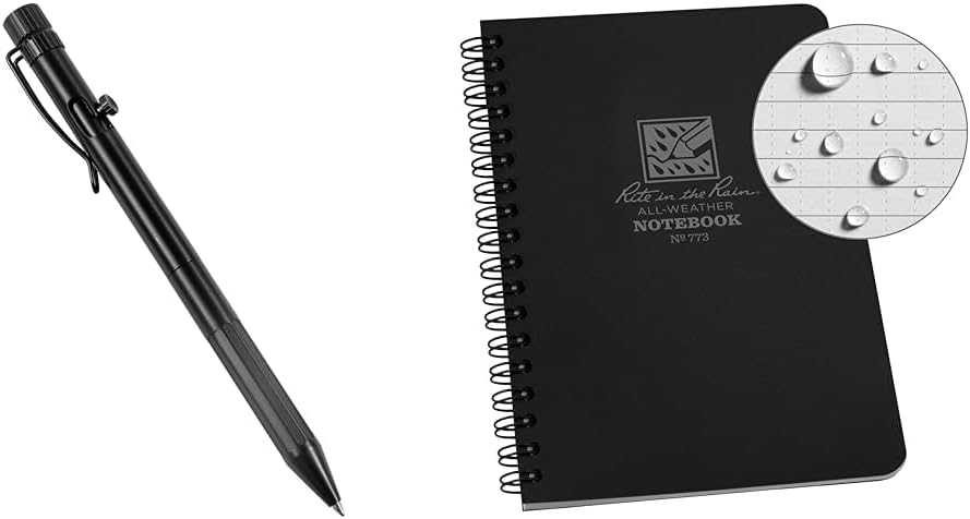 Rite in the Rain Weatherproof Bolt-Action Matte Black Metal Pen, Black Ink (No. BK16) & All-Weather Side-Spiral Notebook, 4 5/8" x 7", Black Cover, Universal Pattern (No. 773)