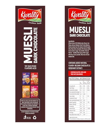 Image of Kwality Muesli Crunchy Dark Chocolate 400g | 65% Whole Grains + Seeds + Nuts & Dried Fruits, High Protein & Fiber, Healthy Breakfast Cereal