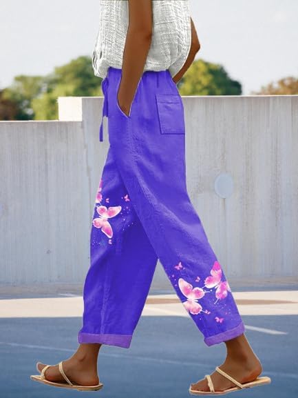 Womens Boho Graphic Casual Pants Loose Fit Elastic Waist Cotton Trouser Cropped Summer Trendy Wide Leg Pants - Image 3