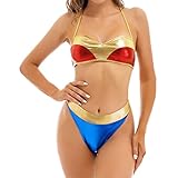 zdhoor Woman Wonder Costume Halloween Fancy Dress Sexy Shiny Hero Bra Panty 2 Piece Rave Lingerie Set Red&Blue Medium