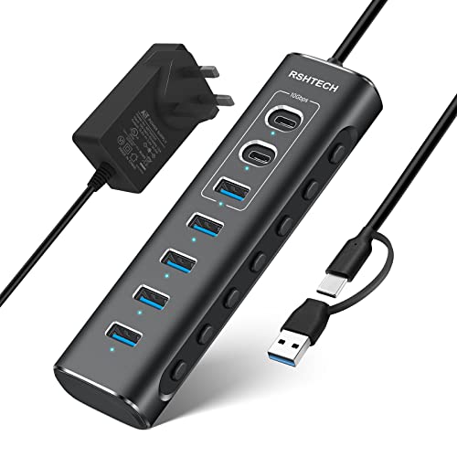 Powered USB 3.1/3.2 Hub RSHTECH 7-Port USB C Hub with 10Gbps USB-A and 2 USB-C Data Ports + 4 USB 3.0 Port, Aluminum USB Splitter with 12V Power Supply and 3.3ft USB Cable (RSH-A107C)