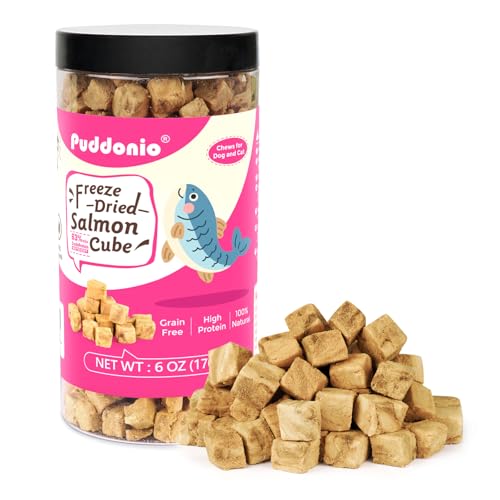 Puddonio Freeze Dried Cats & Dogs Raw Treats, All Natural Single Ingredient Salmon, High Protein Healthy Pet Training Treats or Food Topper, 6 oz
