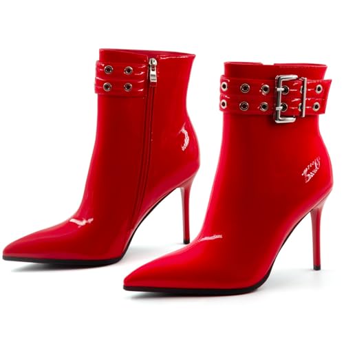 MISSMILLER Womens High Heel Ankle Boots Sexy Pointed Toe Slip-on Stiletto Boot with Zipper 4 Inch Heels2