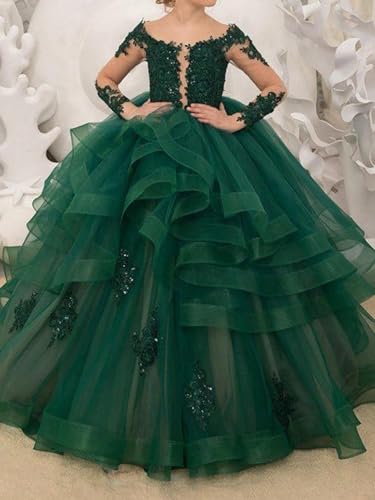 Flower Girl Dress for Wedding Tulle Appliques Lace Pageant Long Sleeve Formal Party Ball Gown3