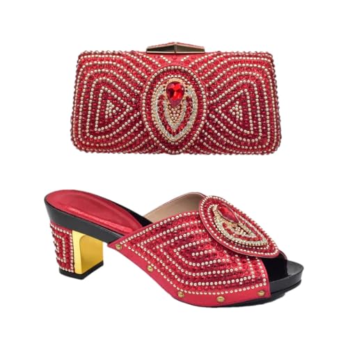 Women Italian Rhinestone Shoe and Bag Set Square Heel Slip-On Slingbacks Super High Heel Party Pumps