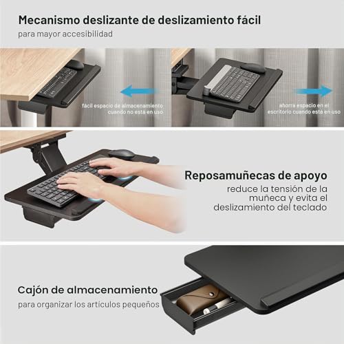 Miniatura 4 de Pegzone Bandeja Para Teclado Debajo Del Escritorio Con Cajón De Almacenamiento, Gran 635 X 270 Mm, Ergonómico De Altura Ajustable, Bandeja De Teclado Giratoria E Inclinable Para Oficina, Hogar