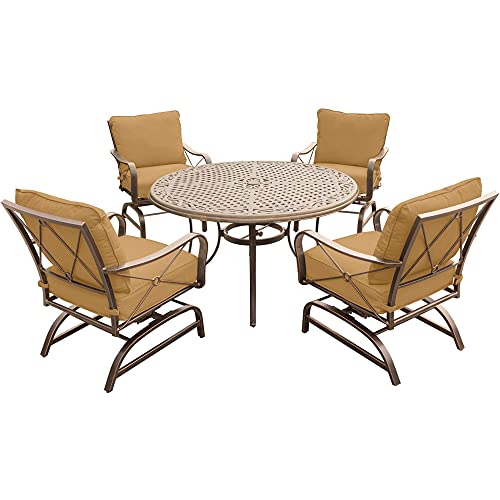 Hanover Sumrngtdn5Pccst Summer Nights 5 Piece Dining Set With Four Cushioned Rockers And A 48" Cast-Top Table Outdoor Furniture, Tan #TOP19