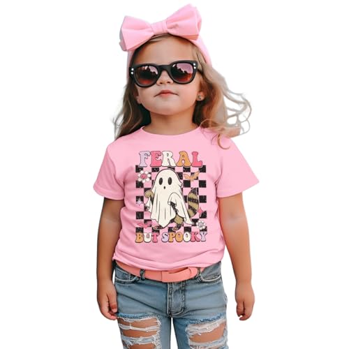 KEKEMI Toddler Baby Girl Halloween Shirt Feral But Spooky T-Shirt Ghost Spooky Season Outfit Cute Short Sleeve Tees Fall Tops