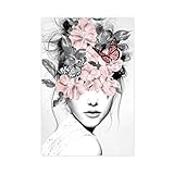 RIPEX Frau mit Blumen auf Kopf, Vintage-Kunst, Poster, Leinwand, Poster, Wandkunst, Dekoration, Bild, Gemälde für Wohnzimmer, Schlafzimmer, Dekoration, Rahmen-Stil, 20 x 30 cm