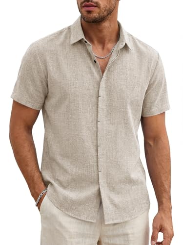 Runcati Herren Hemd Kurzarm Leicht Sommerhemd Männer Regular Fit Leinenhemd Hochzeit Business Strand Freizeithemd Casual Einfarbig Basic Shirt Hellkhaki L