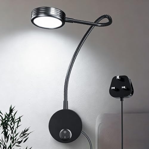 Bonlux 5W Wall Mounted Reading Light, Flexible Gooseneck LED Wall Lamp Headboard Light Cool White 6000K with Plug & Switch for Books in Bed, Studying, Nightlight, Working Light
