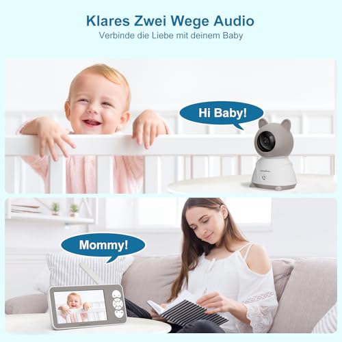 Babyphone mit Kamera und App 2K/3MP - 5 Zoll WLAN Baby Monitor PTZ 360° IR Nachtsicht 2-Wege-Audio, Automatische Verfolgung, Weinen/Bewegungs/Geräusch-Erkennung Temperaturüberwachun