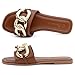 Shoe Land Women's Flat Sandals - Square Open Toe Single Band Fashion Slides with Metal Chain Dressy 2025 Trendy | Comfortable Slippers with Cushioned Footbed for Summer, Cognac, Size 8.0, Emma