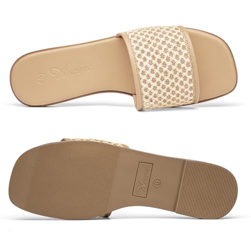 Image of Athlefit Flat Sandals Women Dressy Square Toe Raffia Summer Slide Sandals
