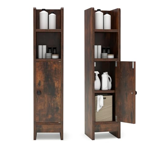 Tangkula Small Bathroom Storage Cabinet, Narrow Slim Corner Floor Cabinet with Adjustable Shelf & 2 Open Shelves, Bathroom Storage for Small Spaces, Laundry & Kitchen, 8 x 7 x 31.5 Inch (Rustic Brown)
