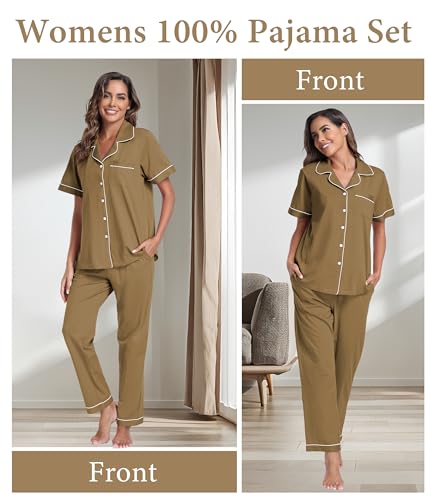 Image of CF Womens 100% Cotton Pajamas Set Button Down Pjs Sets Short Sleeve Top & Long Pants Sleepwear Comfy Loungewear with Pockets