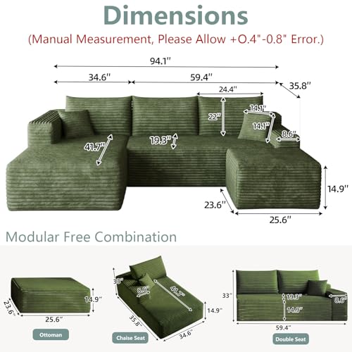 Image of 95 inch Modular Sectional Sofa with Ottoman, Modern Corduroy Cloud Couch with Deep Seat, Boneless Couch Upholstered 3-Seater U-Shaped Sofa for Living Room, No Assembly (Green,Left-Facing Chaise)