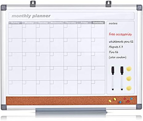 Swansea Wall Planner Magnetic Whiteboard Monthly Calendar Board with 2 Dry Erase Marker+3 Magnets+6 Pins,60x45cm