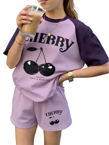 Image of KIDLAGA Girls Two Piece Sets Cherry Pattern Short Sleeve Shirts and Shorts Set With Pockets Girls Summer Outfits Size 7-14