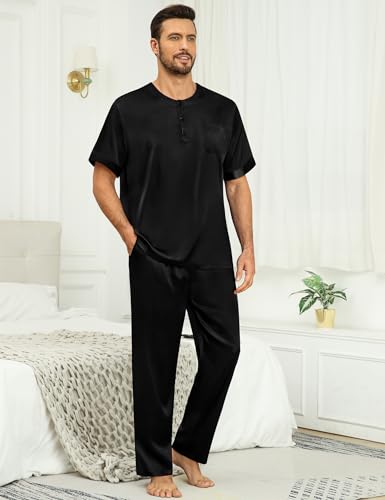 SWOMOG Men Satin Pajama Set Short Sleeve Pj Set 2 Pcs Loungewear Silk Sleepwear Half Button Down Long Pants with Pockets2