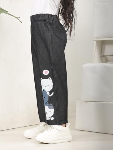 Image of superminis Girls Denim Jeans | Stretchable Blue Cat Print Jeans for Girls 3-10 Years | Soft Comfortable Kids Denim Pants for Casual