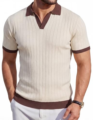 Remxi Men's Knit Polo Shirts Short Sleeve Ribbed Knitted Golf Shirt Lightweight T Shirts with Contrast Collar Apricot L