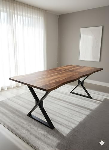 Image of REDWOOD Wooden 4 Seater Dining Table Only Cariboo | 57x28 Inch Rectangular Live Edge Dinner Table Without Chairs for Home, Office, Hotel & Restaurant | Natural Finish, Black X Shaped Metal Legs